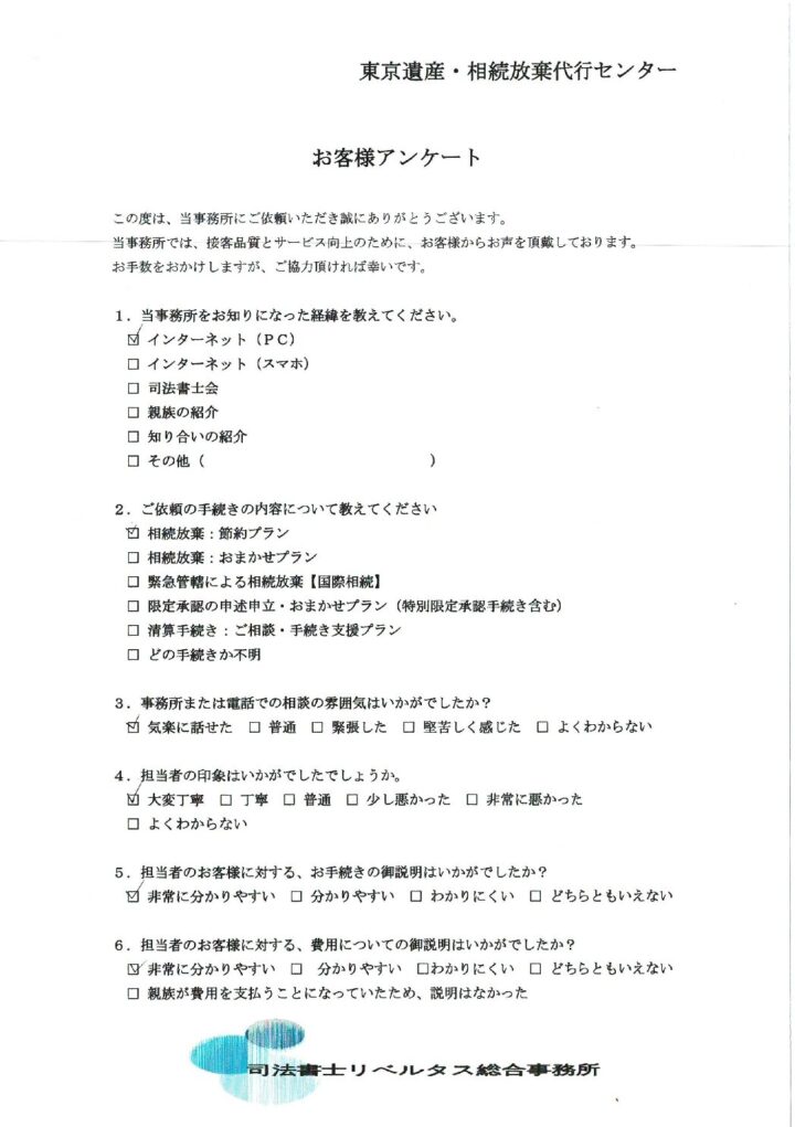【相続放棄おまかせプラン】３ヵ月期間内の案件：（８７）　目黒区在住の画像